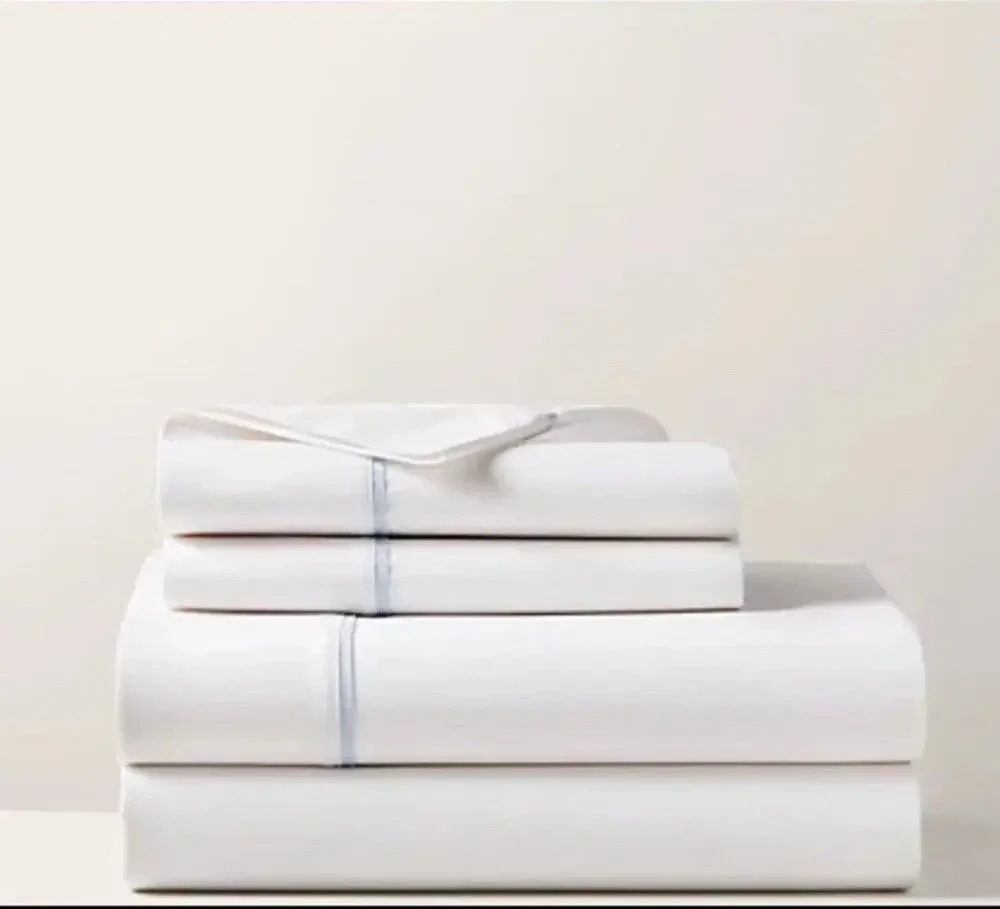 NWT Ralph Lauren Palmer Twin Flat Sheet White & Sky Blue Organic Cotton Percale